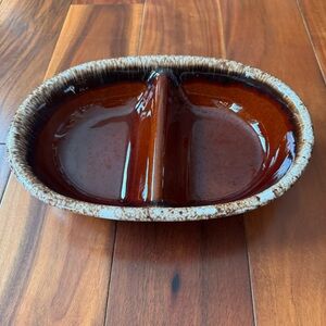 Hull Pottery HP Divided Dish Casserole Brown Drip Vintage USA Oven Proof Oval